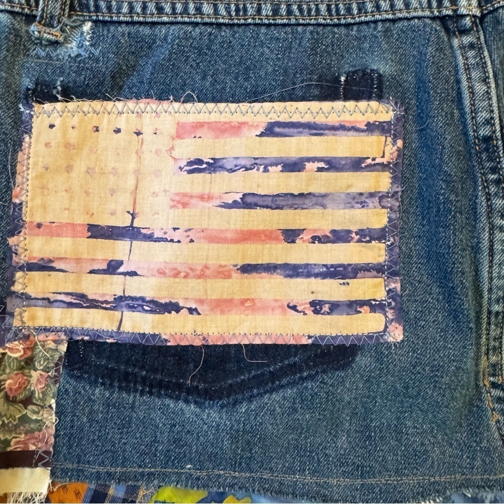 XOXO Boho Upcycled Denim Jean Patchwork Skirt with Vintage 80’s Material Sz 9/10 - Picture 11 of 14